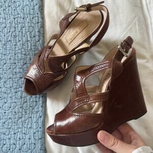 PRADA Brown Leather Wedge Size 37.5 open toe casual ankle strap